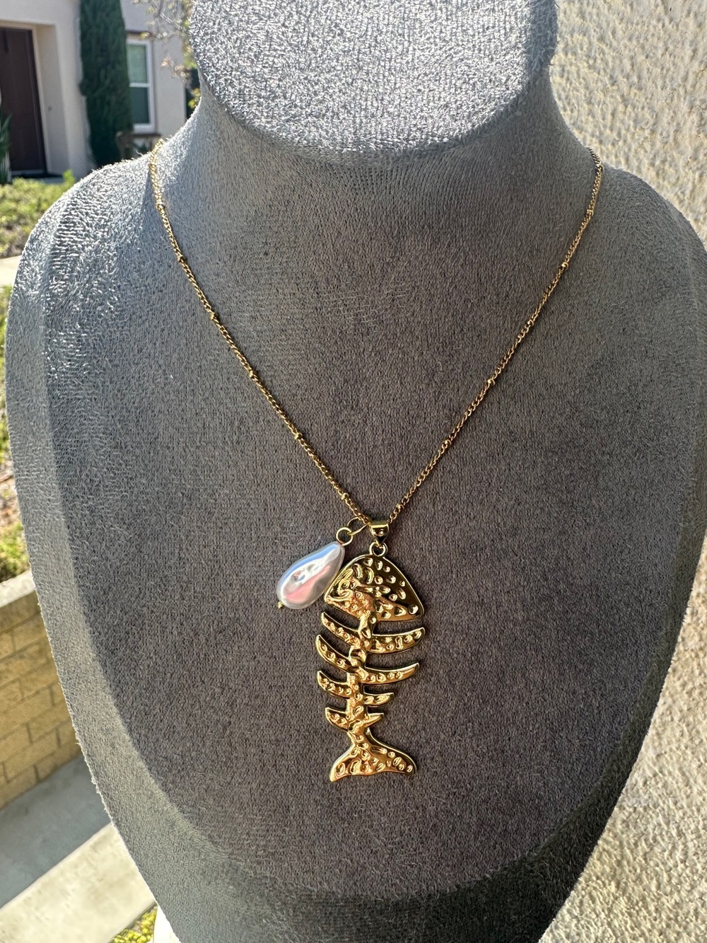 Gold Fish Pendant Necklace with Pearl Charm - Picture 2 of 2